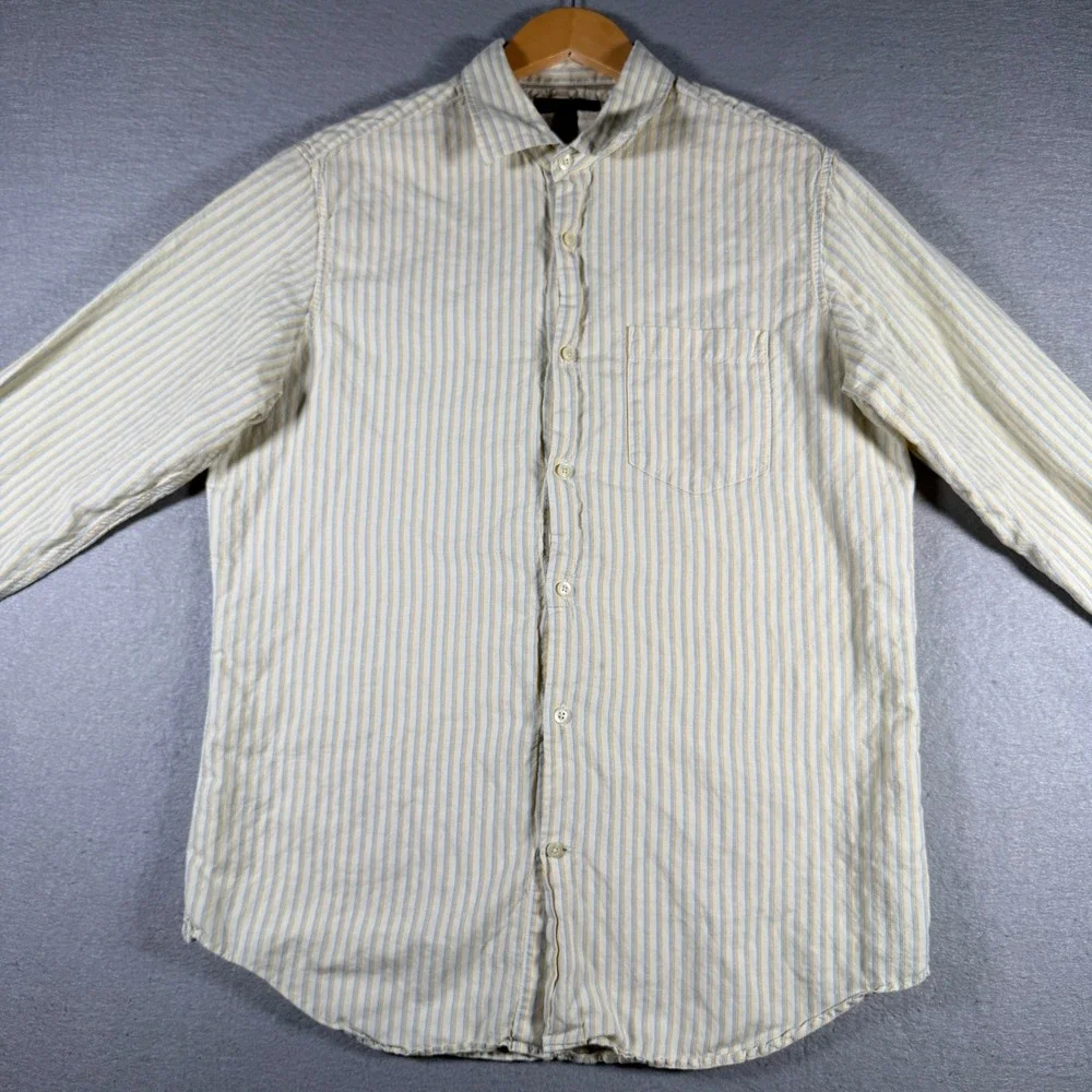 Banana Republic Mens Linen Cotton Striped Button Down Shirt Yellow Blue Medium